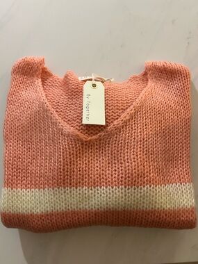 By Together Coral and Cream V-Neck Stripe Sweater